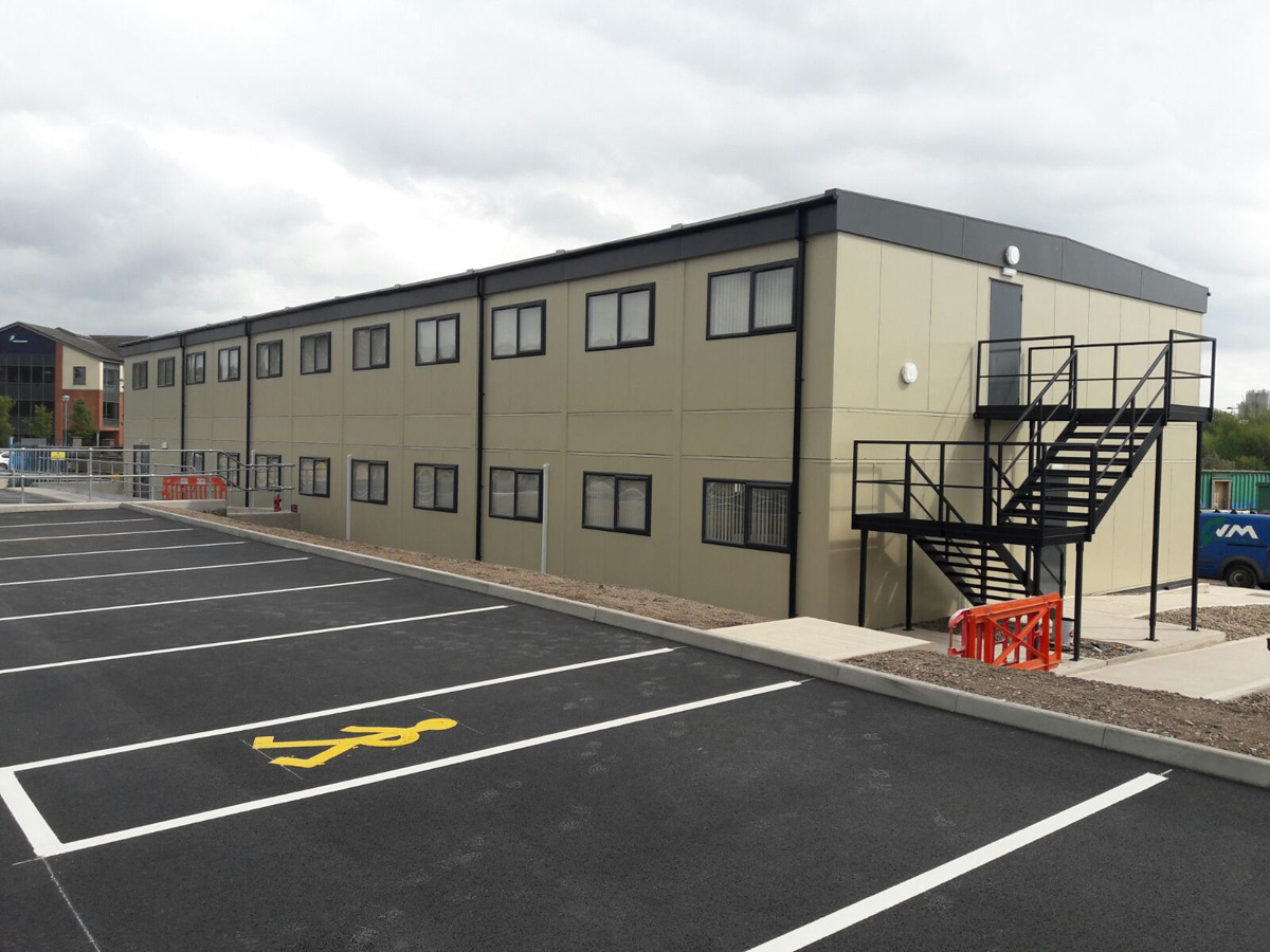Image shows a two storey modular building