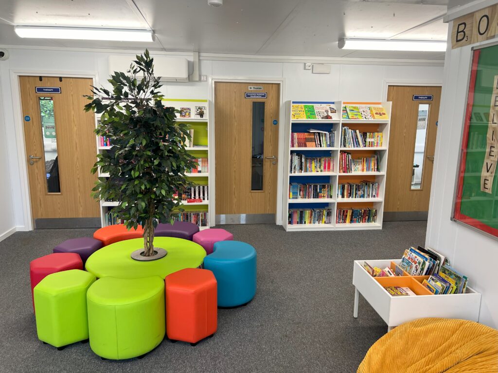 Image shows a library in a modular school building